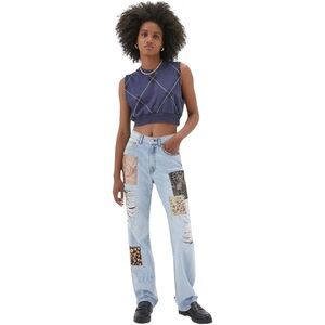 BDG High Waisted Cowboy Jeans Printed Patchwork Distressed Boho  Straight Leg 26